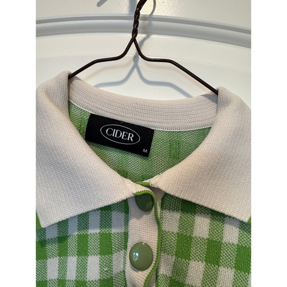 Cider Green Gingham Knit Top Short Sleeve Collared Button Up Shirt M - Picture 2 of 2